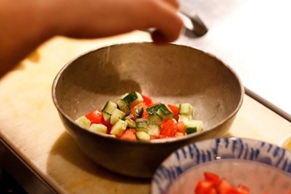 For the dressing, mix up the olive oil, lemon. I love using those dollar store ketchup bottles to mix. Then add dressing to chopped veggies and add salt and pepper to taste.