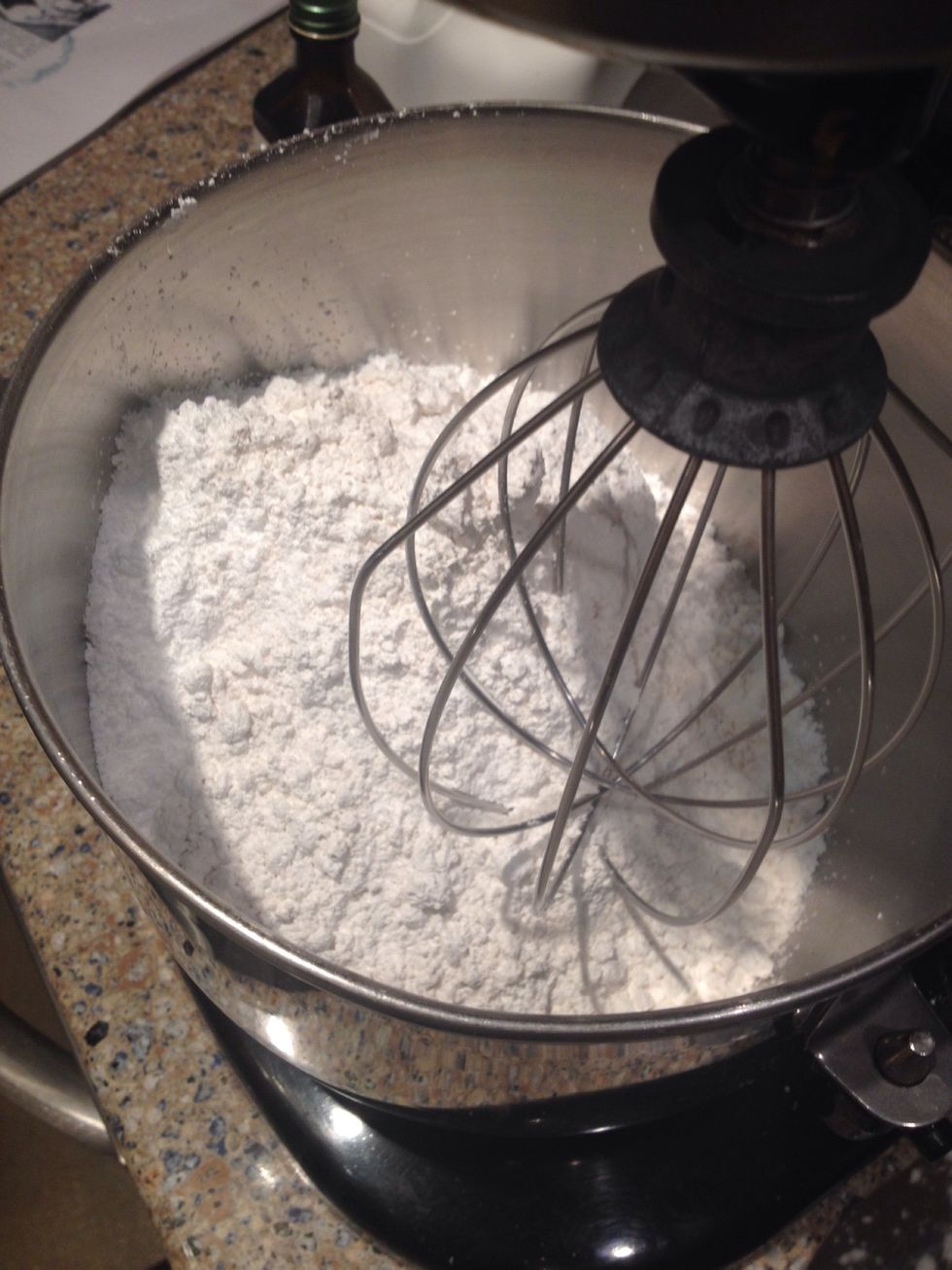 For the frosting, first put your 3 cups of powdered sugar into the mixer bowl. My pictures will reflect a doubling of this frosting recipe, so it will look like more ;)