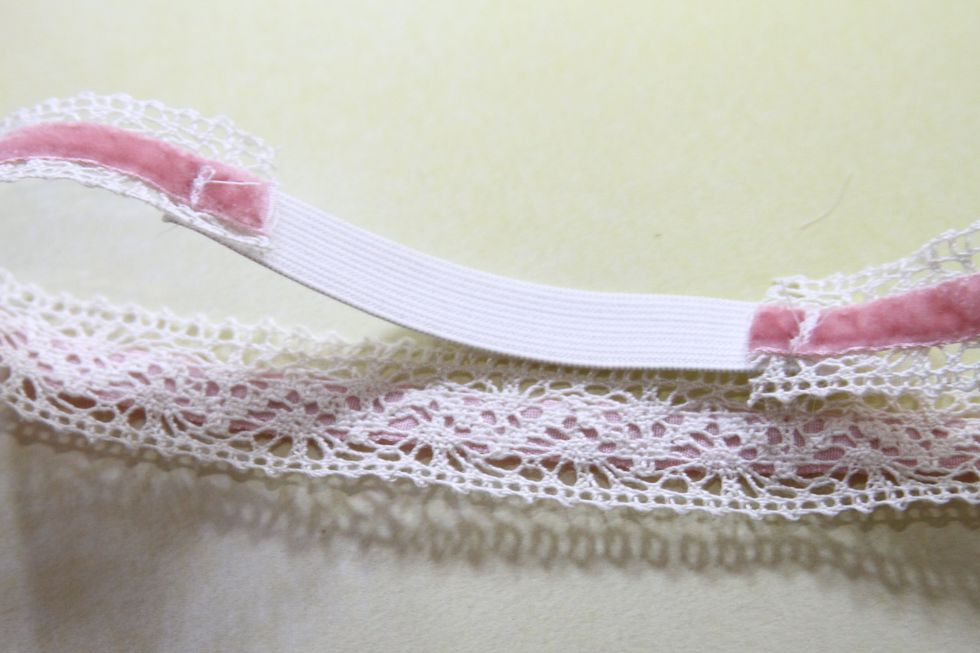 For the headband. Measure the head of the person you are using the headband. The elastic will go on the bottom. Machine sew or hand sew the elastic to both ends of the trim.