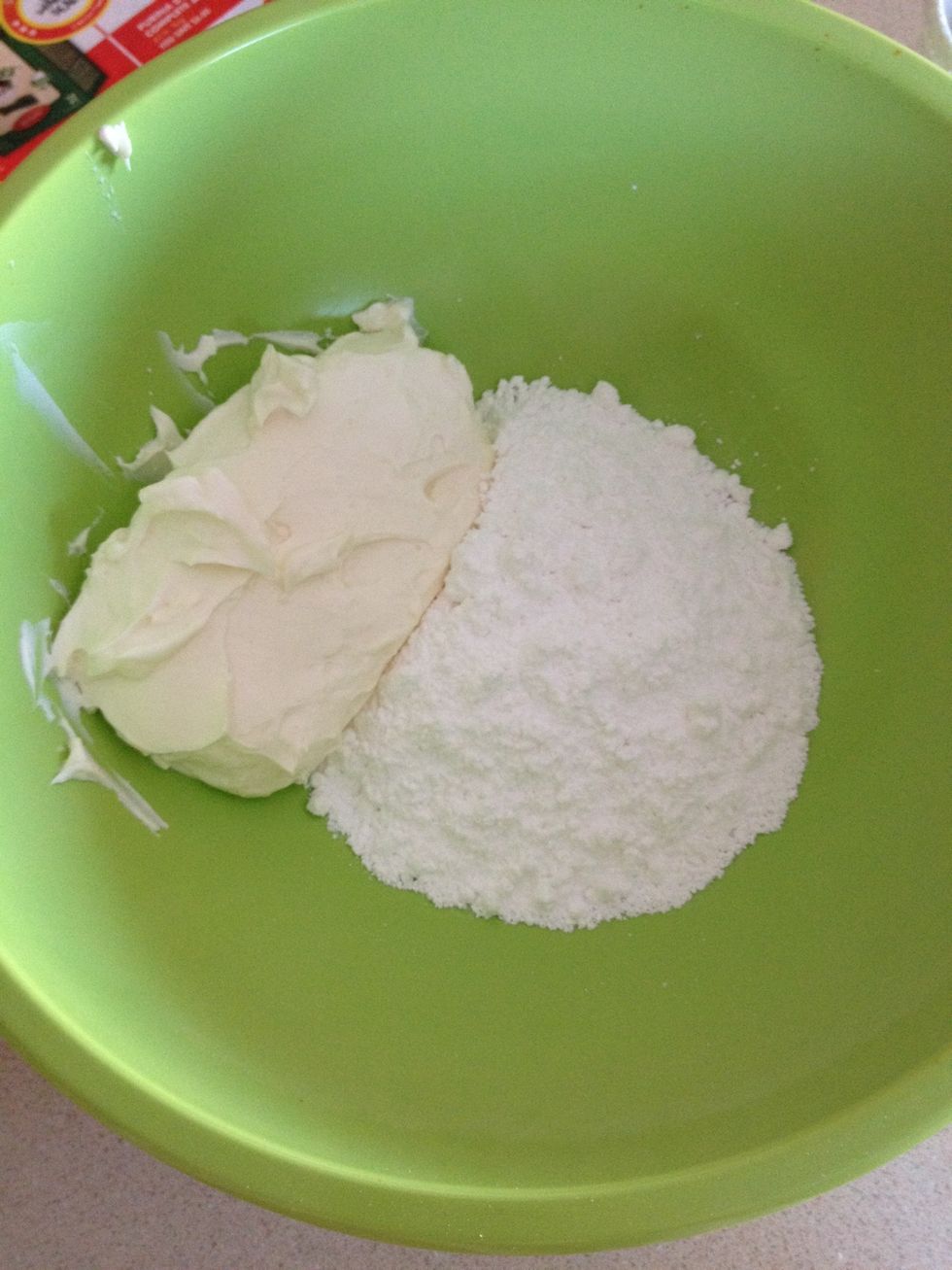 For the icing put softened cream cheese and powdered sugar in a bowl of a stand mixer or a plastic bowl if you have a hand mixer. Once completely mixed together roll into a log with plastic wrap