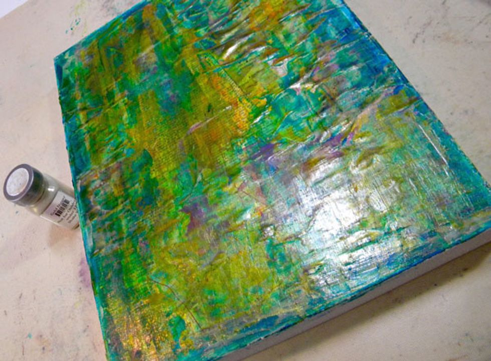 For the last layer, I painted the entire canvas with Gold Digger Sorbet, which is a very lightly pigmented (almost clear but not quite!) medium with fine gold glitter. You must get this color!!!