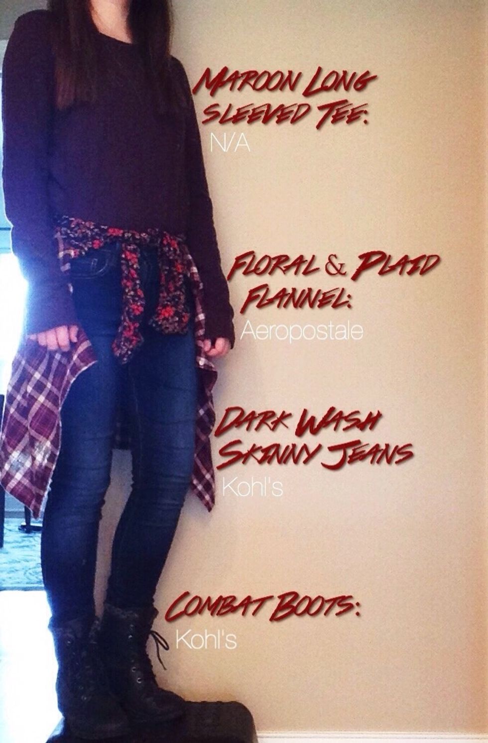 For the last outfit, I decided to go a bit more grunge. I started off with the same dark maroon tee, then added a plaid & floral flannel. I finished off with dark washed skinny jeans and black boots.