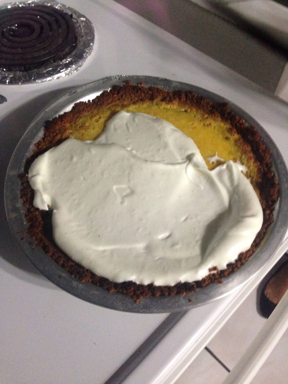 For the meringue: beat egg whites until foamy, add 1 tablespoon sugar while mixing and 1 teaspoon of grated orange zest. Spread it over pie, put the oven on broil. Return it to oven for 1 minute.