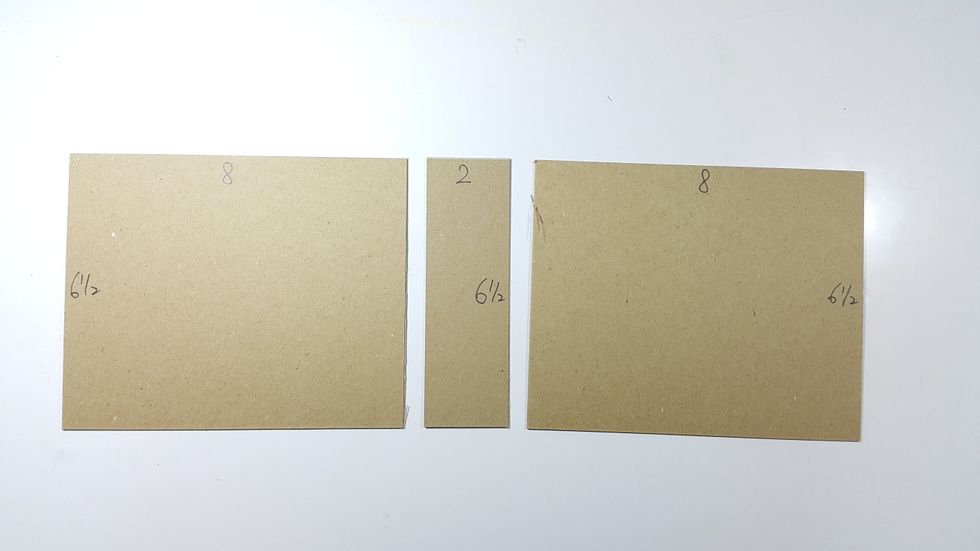 For the mini album on the first floor: cut chipboard 1pc 2"x6-1/2" and 2pcs 8"x6-1/2"
