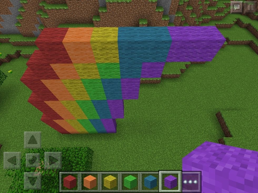 FOR THE NEXT ONE PLACE 1 BLOCK IN THE COLOURS RED, ORANGE, AND YELLOW BUT ON THAT ROW ADD 2 BLUES, AND 2 PURPLES