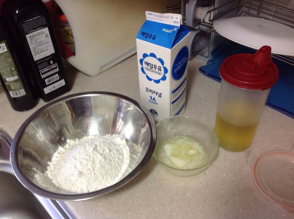 For the pastry: you need milk, flour and cold butter(I melted mine by mistake, so I froze it again)