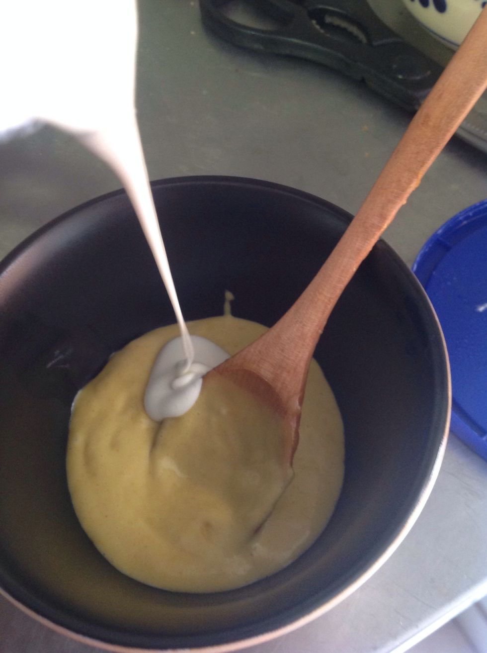 For the sauce, we are using a habanero honey-mustard aioli, get 3 egg yolks and 1 hole egg, blend it, add olive oil, Dijon mustard, and honey, to make it thiner add some cream