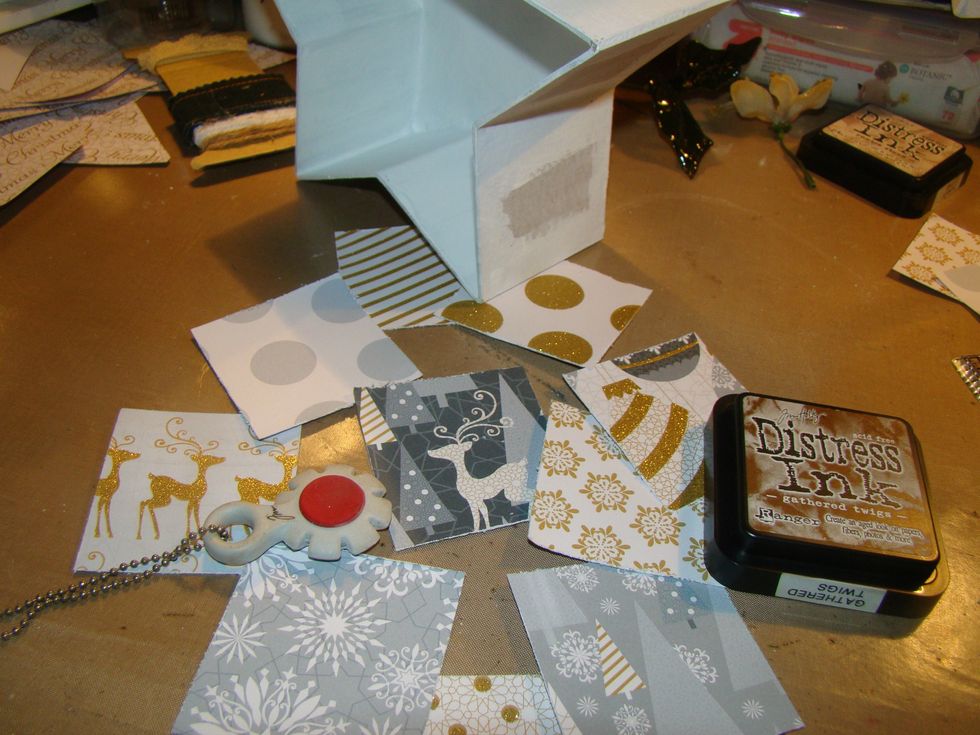 For the sides of the boxes, I cut a different square from the paper pad, distressed the edges and then inked for that vintage look. Glue down.