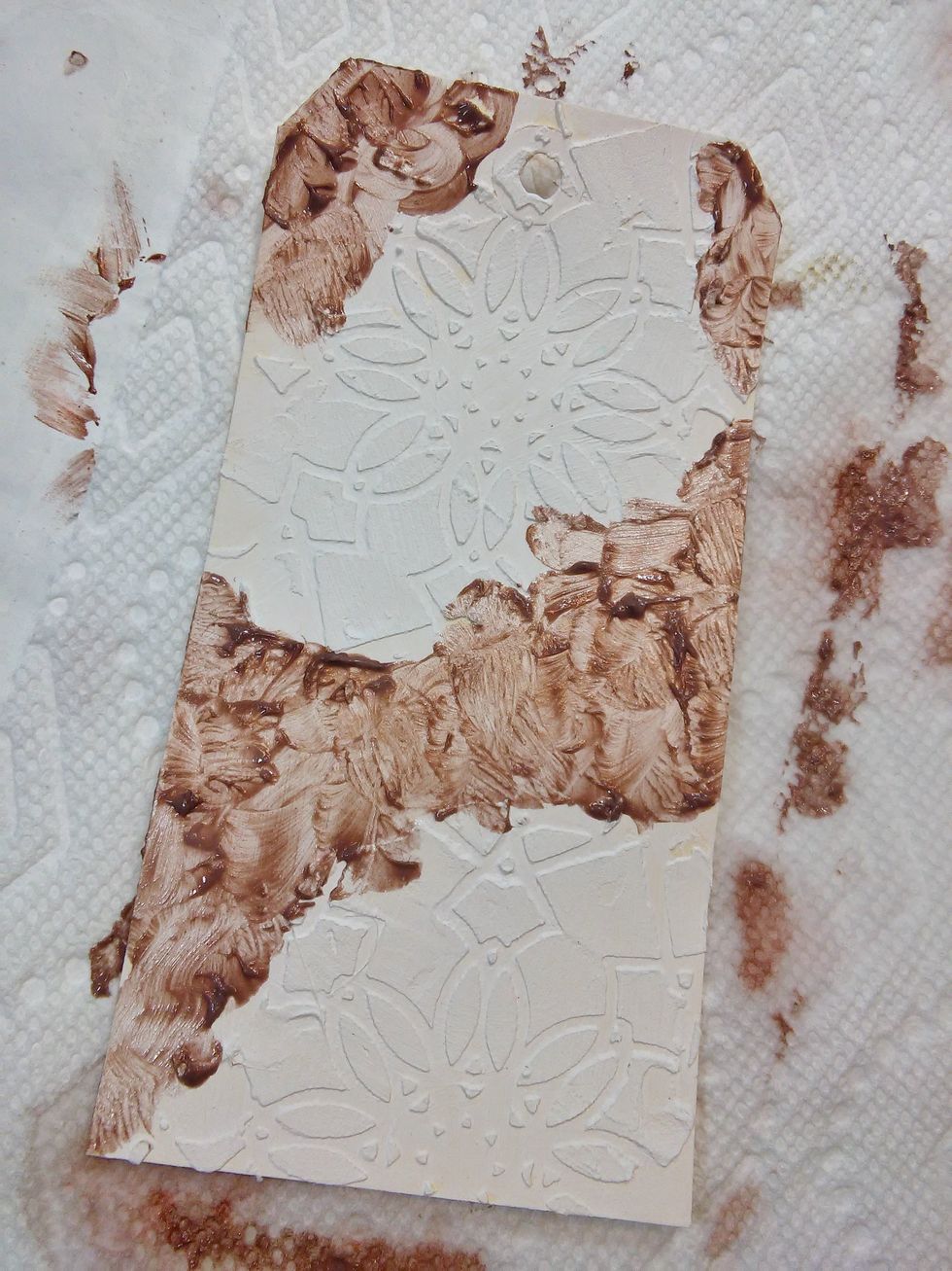 For the tags I used the Kaleidoscope Stencil on, I revered the technique and put the Copper on the tag where there was no texture.