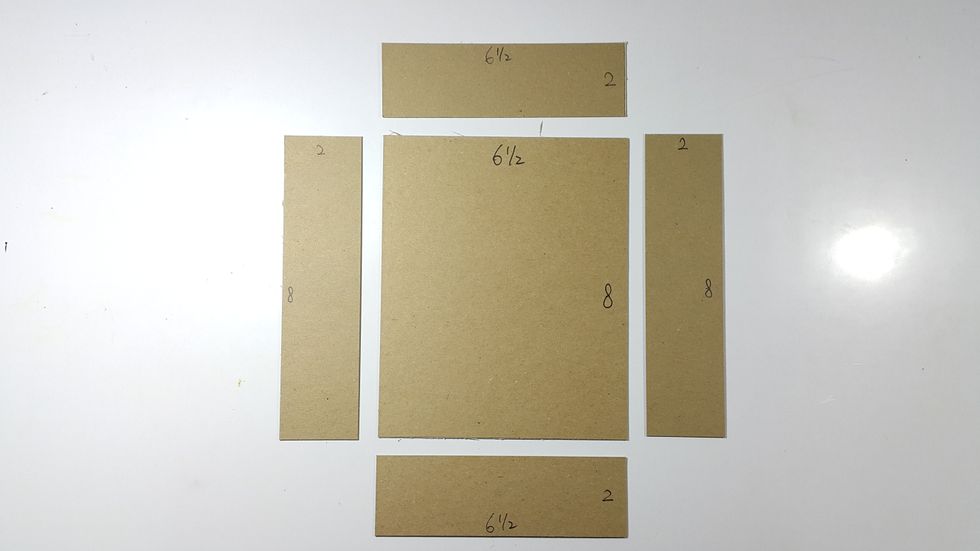 For the top floor drawer: cut chipboard 1pc 6-1/2"x8", 2pcs 2"x8" and 2pcs 2"x6-1/2", then use connecting strips to form into drawer shape.