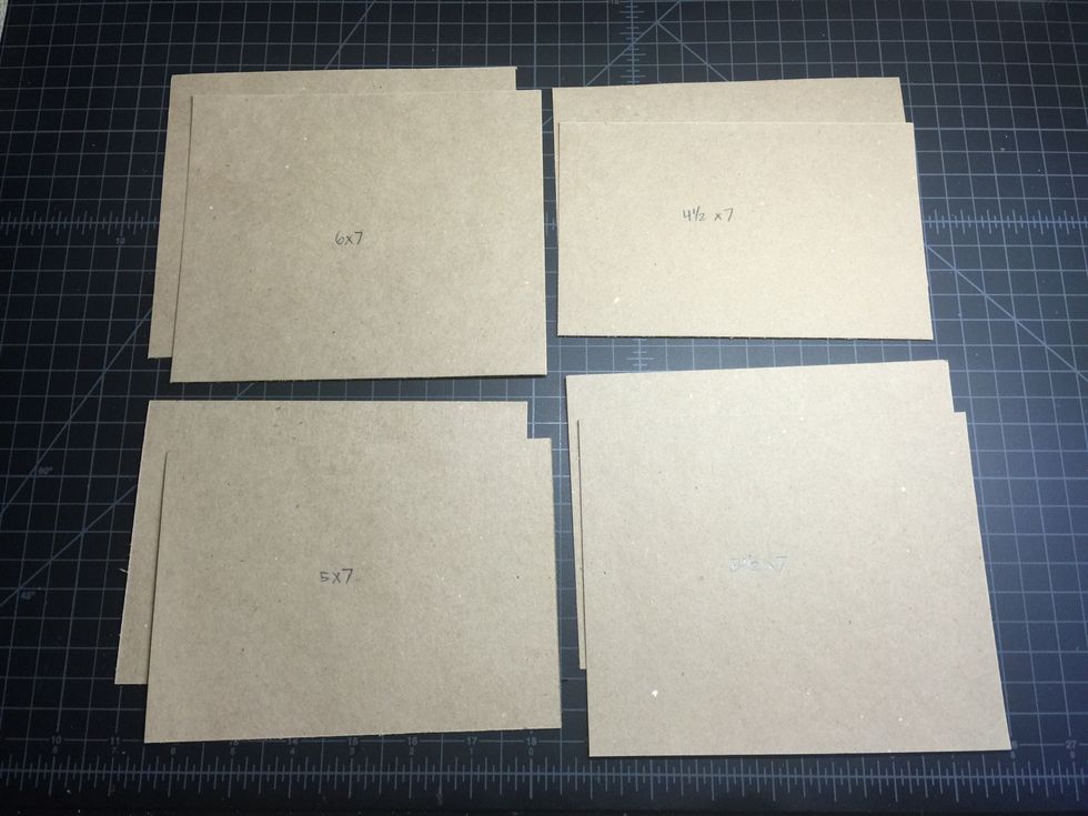 For the top fold flip pages, you will need 2 of each size. (2) 6x7, (2) 4 1/2x7, (2) 5x7 and (2) 5 3/4x7.