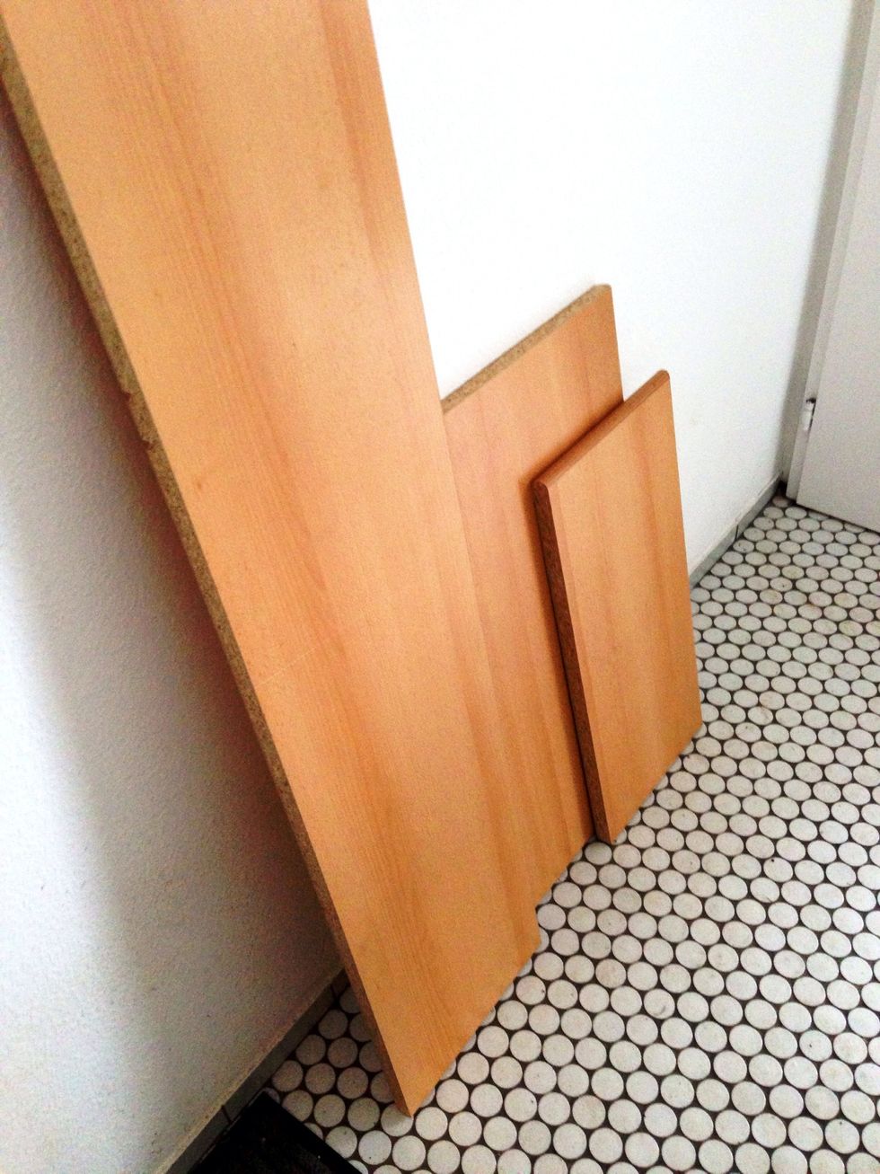 For the top shelves we were able to use an old desk slab. You can have it cut at the hardware store.