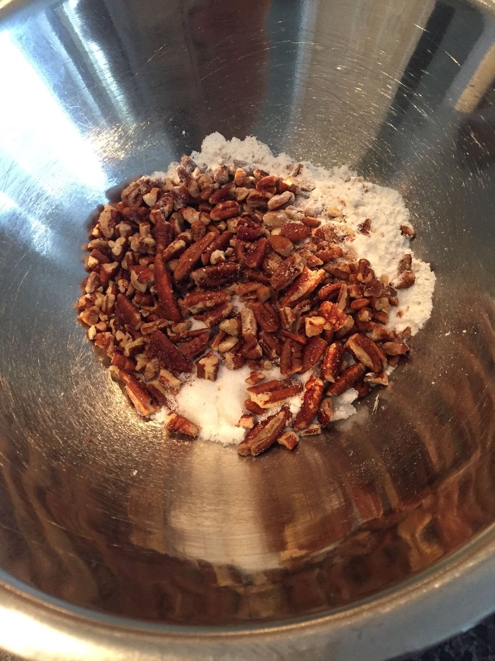 For the topping: put in the 1/4 cup of flour, 1/4 cup of granulated sugar, pecans and the 2 tablespoons of butter then set aside