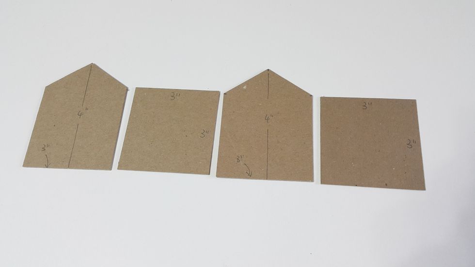 For the upper part of the tower, cut 2pcs of chipboard 3"x3", then cut 2pcs of 4"(H)x3"(W) chipboard, cut a triangle top from 1" by the sided as shown.