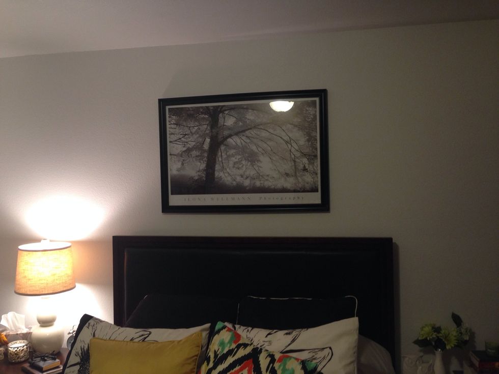 For the wall with your headboard, I recommend one large piece of art and that's it. Especially if your walls are white this really becomes the focal point of the room