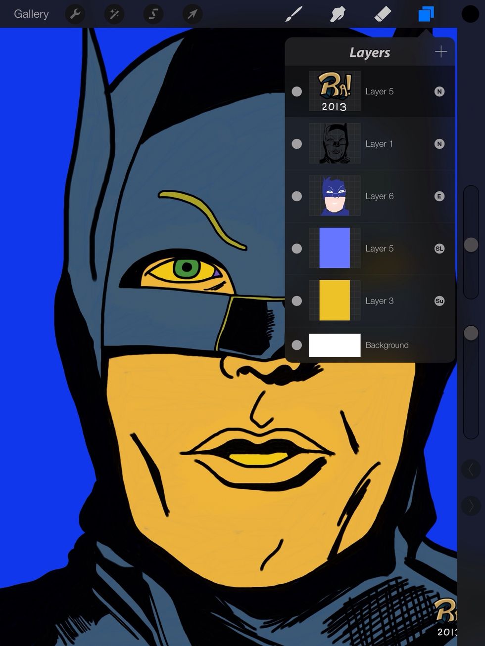 For this Batman I tweaked the process by dragging the color layers all the way to the bottom and changing the blend setting (see above) on Batman. Different modes will give you other results.