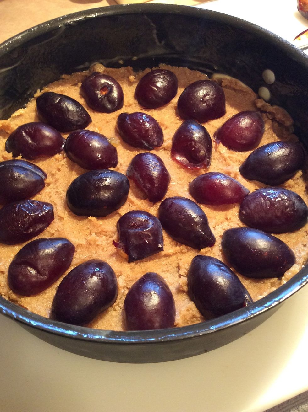 For this guide I used 12 plums. It could use more! If you use more, pack them in close together. I could have used about 18 plums for this 10" pan.