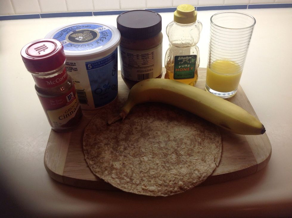 For this one you'll need plain, non-fat yogurt, peanut butter, honey, a banana, a little bit of orange juice, a whole wheat tortilla, and some cinnamon (optional).