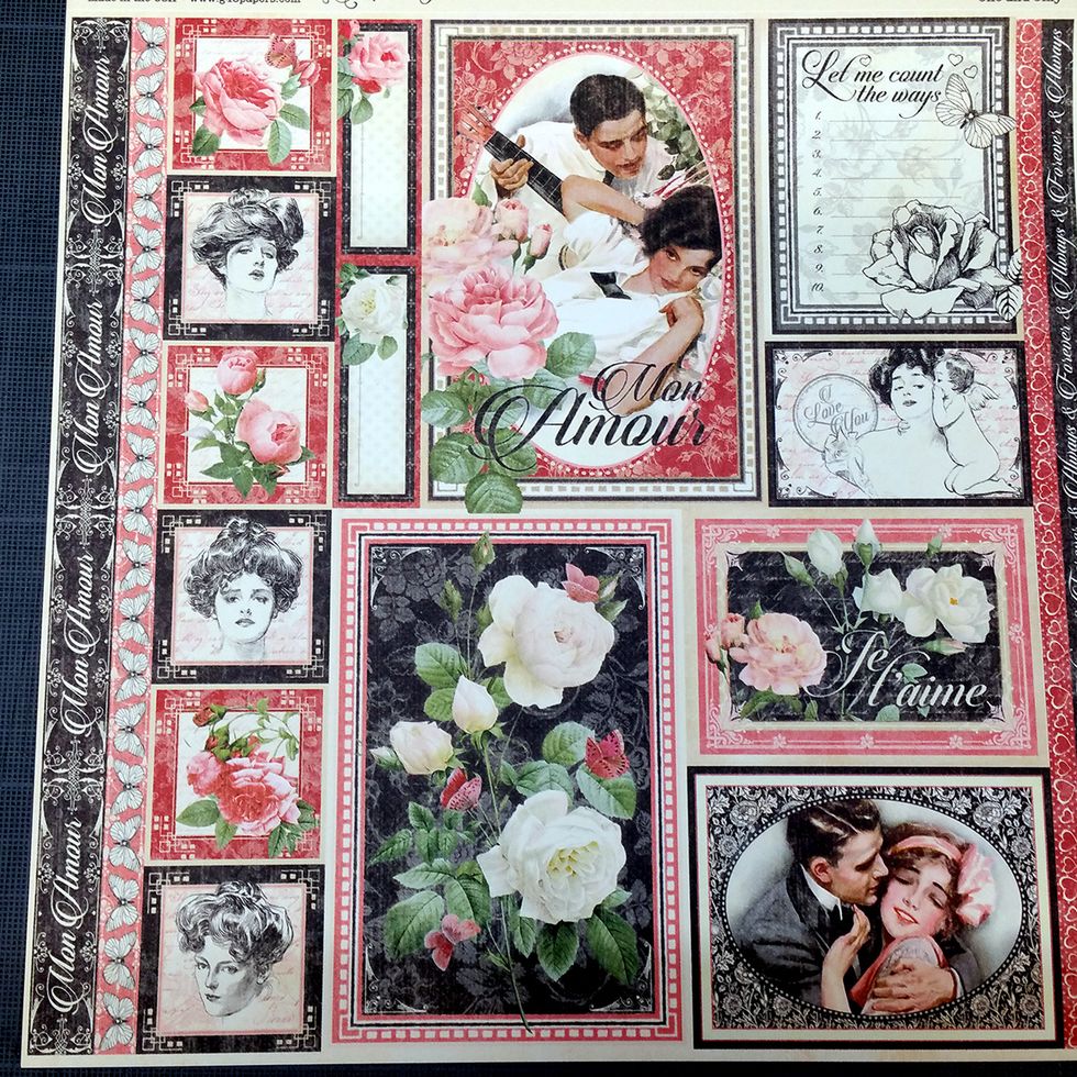 For this project I have used the Mon Amour 8x8 paper pad from Graphic45. When you buy a paper pad, you will save some money, because you can use so many different motifs from the pad.