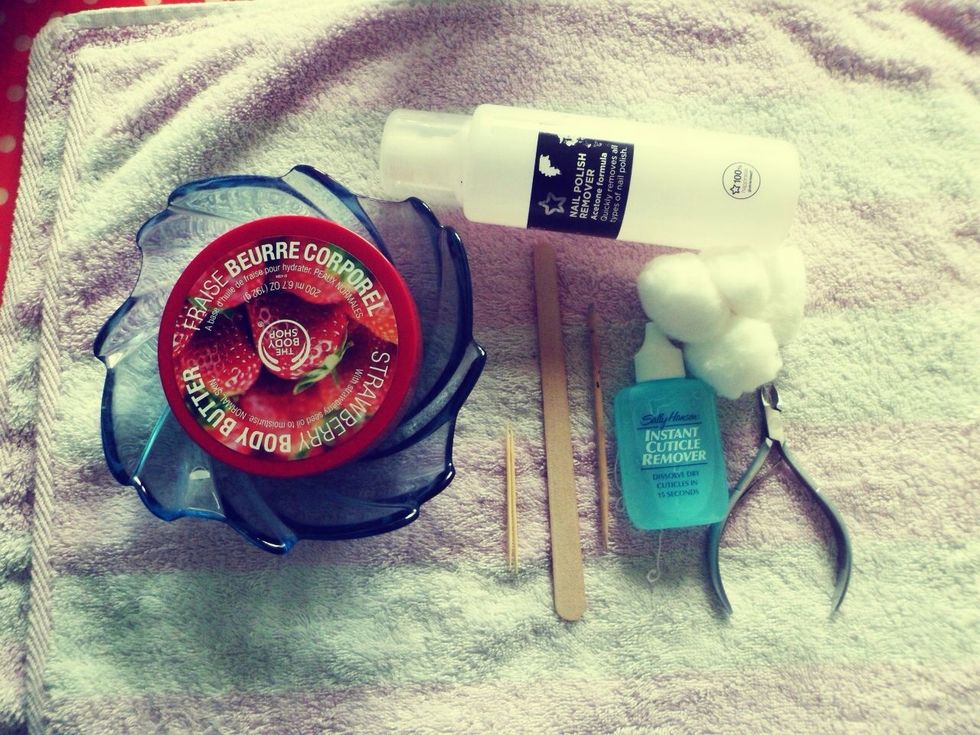 For this tutorial, you will need: a small bowl, hand/body cream, toothpicks, cotton balls, a nail file, cuticle nippers, cuticle remover/softener, cuticle stick, nail polish remover and a towel. \ud83d\ude03\ud83d\ude09