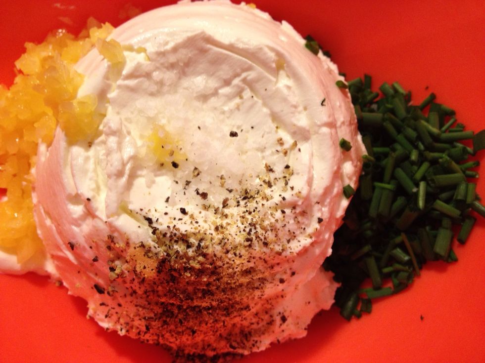 For this you want your yoghurt to have the same consistency as fresh cream cheese Add ingredients and mix. You can add other ingredients: chilli, red onions, lemon and thyme, chocolate and so on.