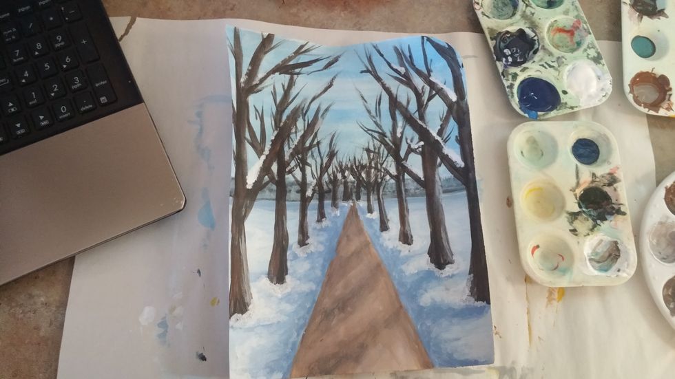 For winter add piles of snow on some of the branches. This is what your painting might look like. IF it doesn't that's ok! Each person has thier own style and mixing. Be proud of your work!