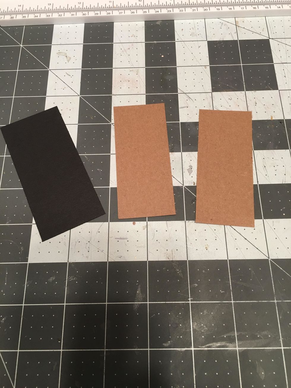 For your album closure piece, cut 1 black cardstock 3 3/4" x 1 3/4" and cut 2 each kraft cardstock 3 1/3" x 1 1/2" Set aside for later.