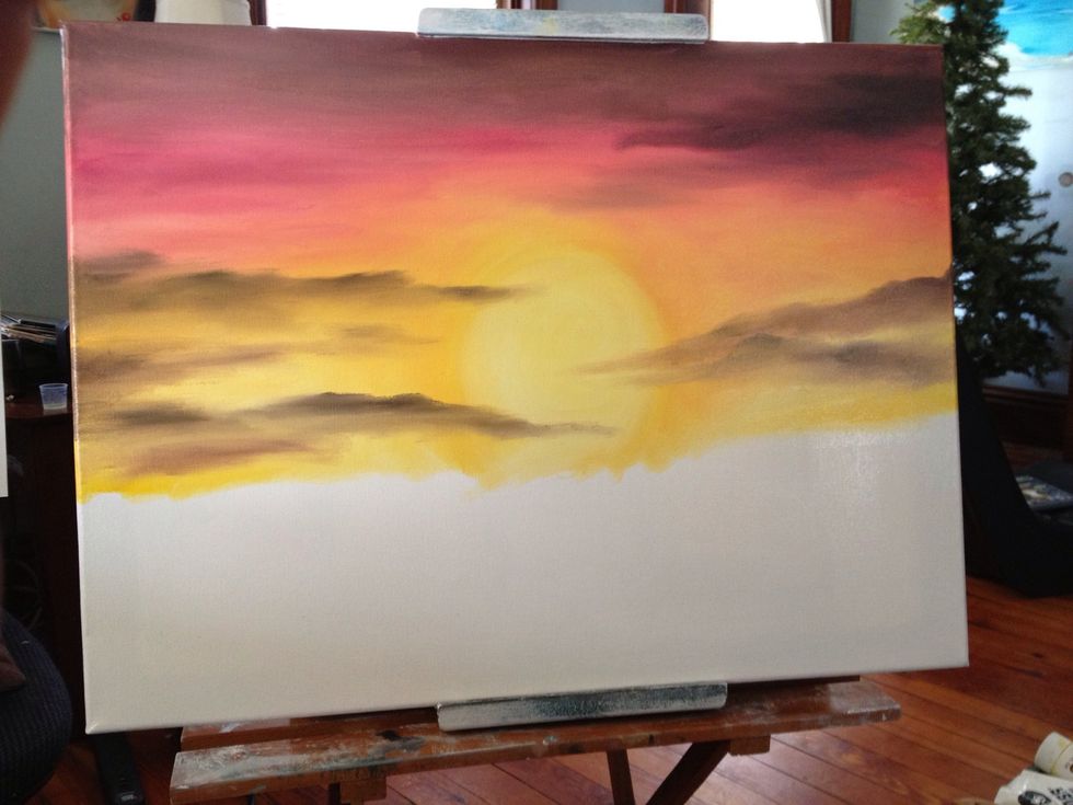 For your darker sky at the top, add some black to your crimson and brown. Black is a lot thinner than brown and crimson, so be careful to make them look like their sister clouds.