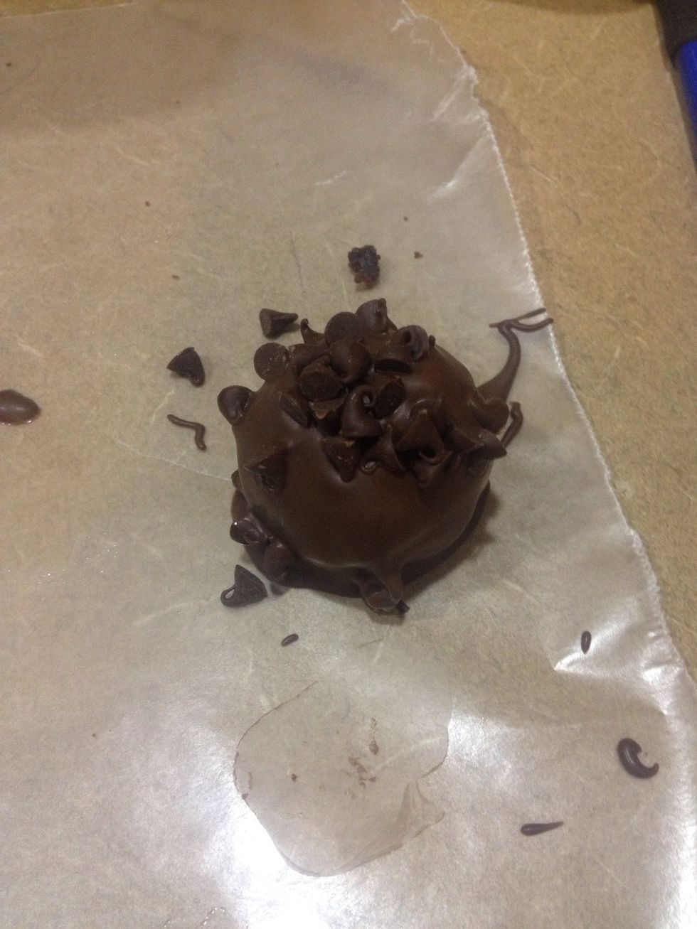 Forgot to take pics. Hands were very messy. Once you are all done rolling...melt your bark or candiquik. Then take a fork or something similar and coat the balls with the chocolate. Top w/ mini chips
