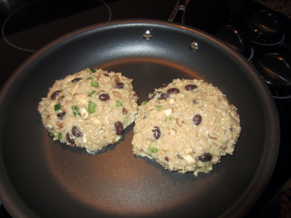 Form into patties as big as you want. Place on frying pan at medium heat. Cook for a few minutes on each side.