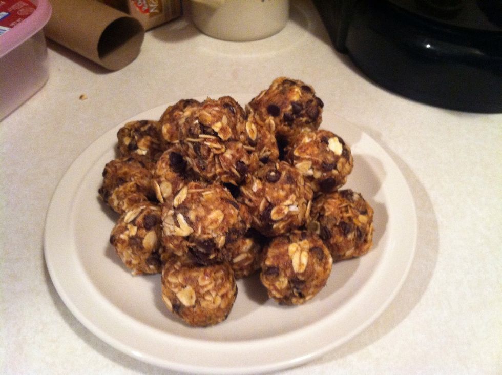 Form little balls; one inch in diameter at most. Refrigerate until you eat them; they will last for about a week. You can finish here if you want, or...