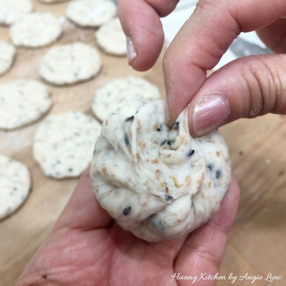 Form pleats in dough by gathering the edges and pinch to seal.