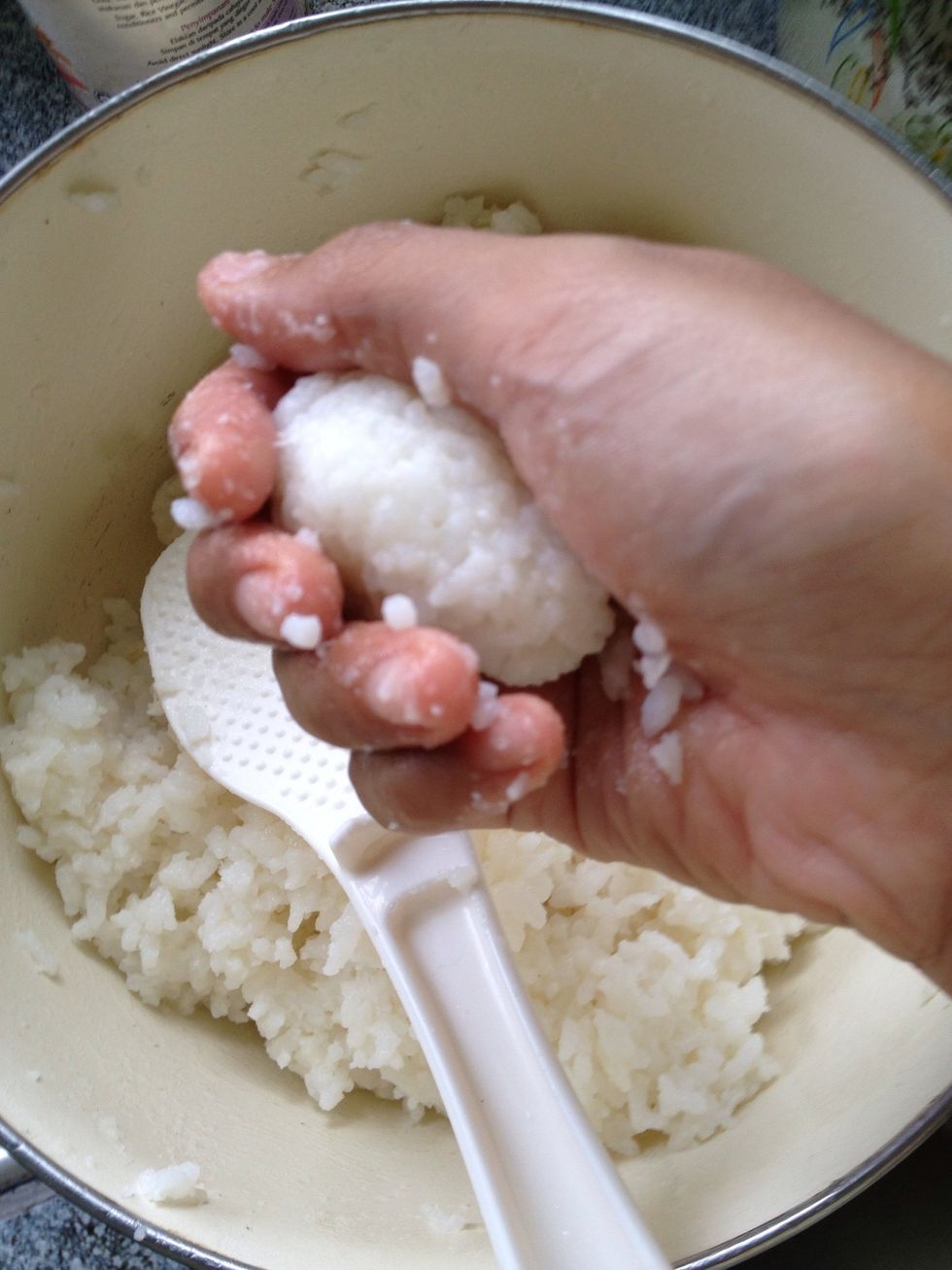 Form the rice into small oval. Tip - wet your hand to handle the rice