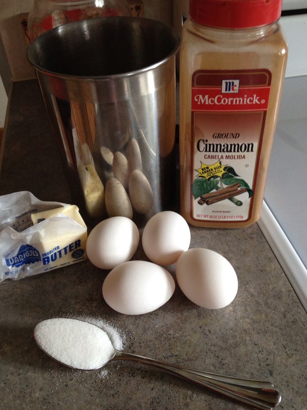 Four eggs works for 6-8 pieces of bread, you will want a dash of milk, about a tsp of sugar and cinnamon to your taste.