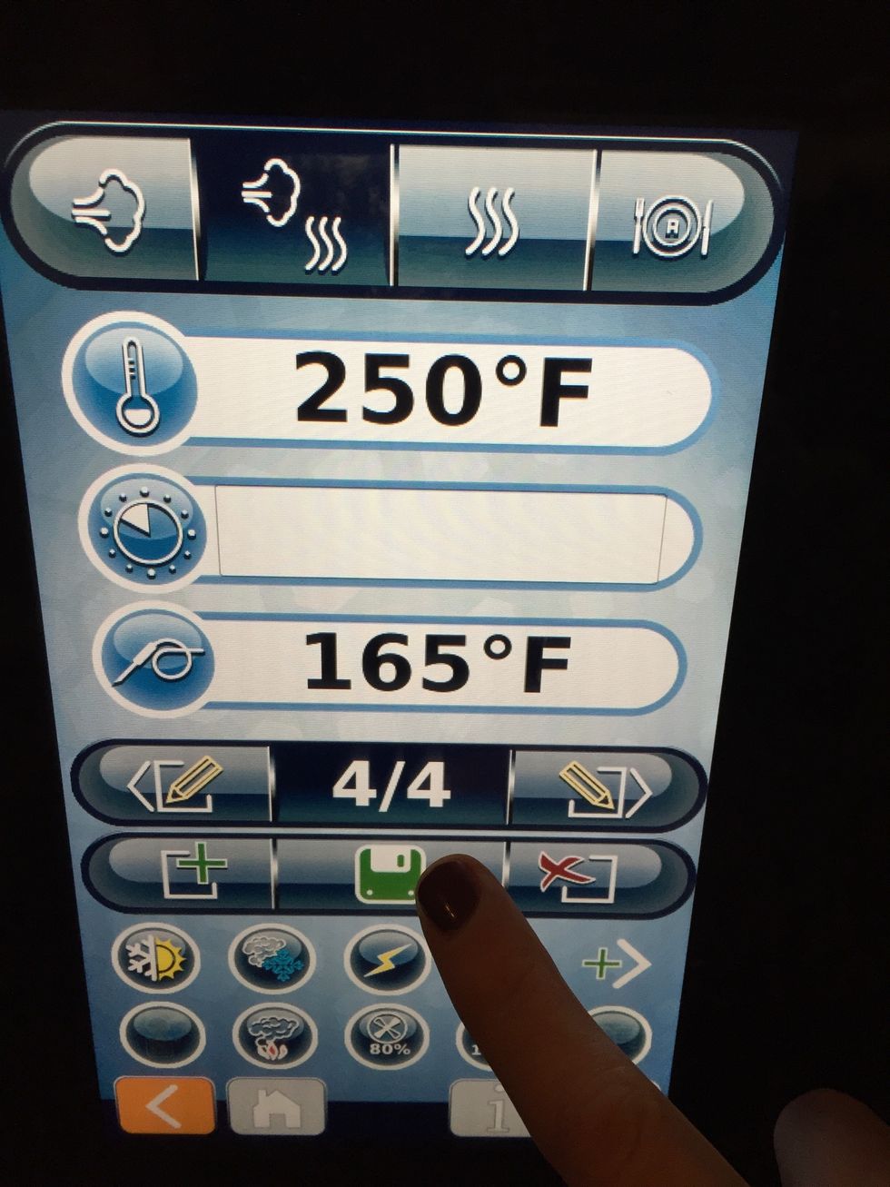 Fourth step: combi mode - 250F (121C) - probe 165F (74C). (Select save and start the recipe).