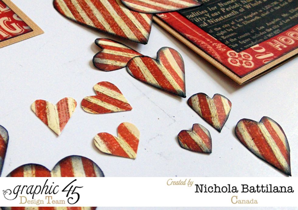 Freehand cut various sized hearts from Copacetic and distress the edges. Apply a few to the front of the card. Reserve some for layering...