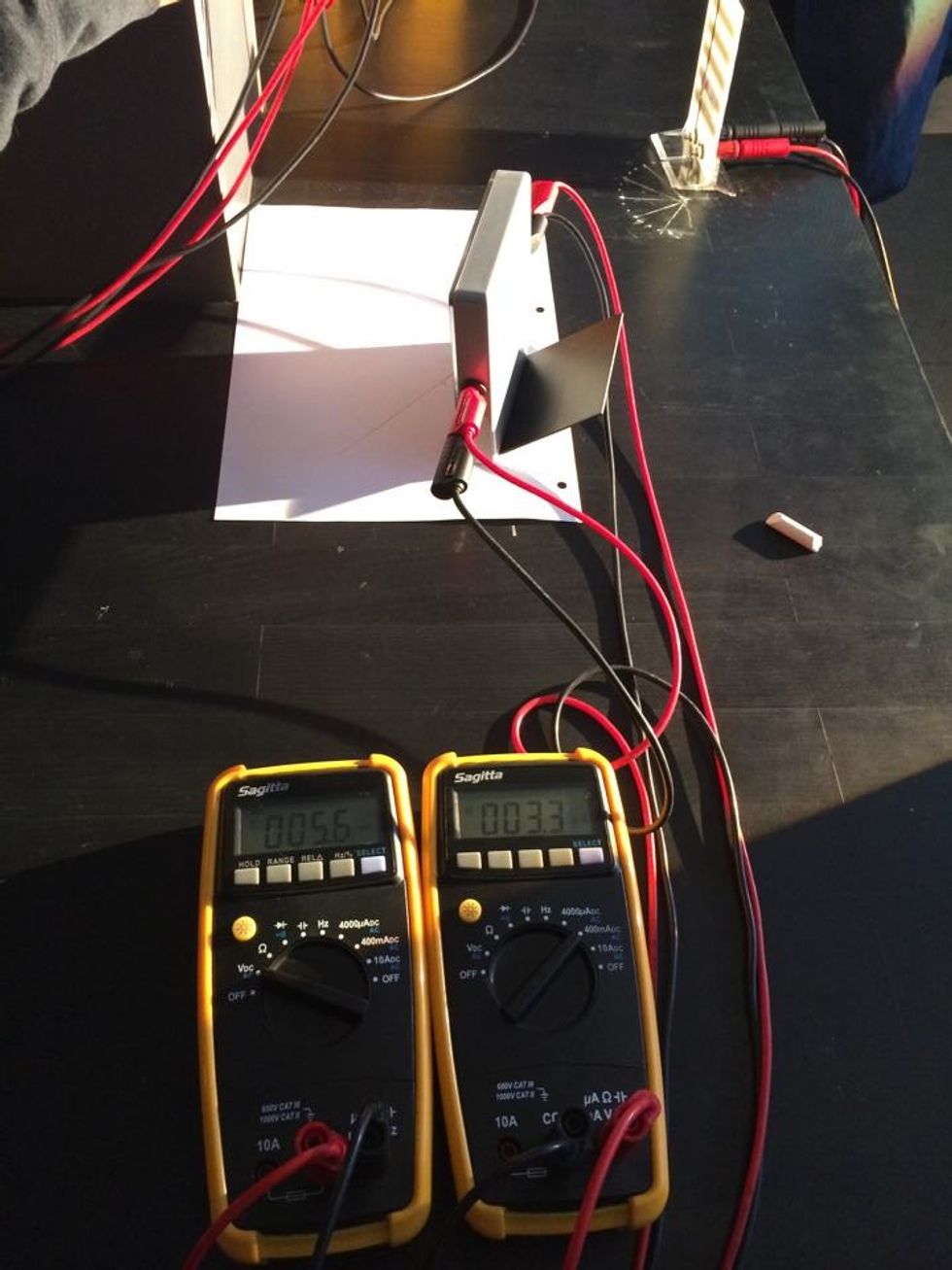 Fremgangsm\u00e5de: Det venstre mulitmeter er indstillet til at m\u00e5le volt, og det h\u00f8jre ampere. Ved hver af vinklerne skal energim\u00e6nden noteres ned, da oplysningerne skal bruges i vores udregninger.
