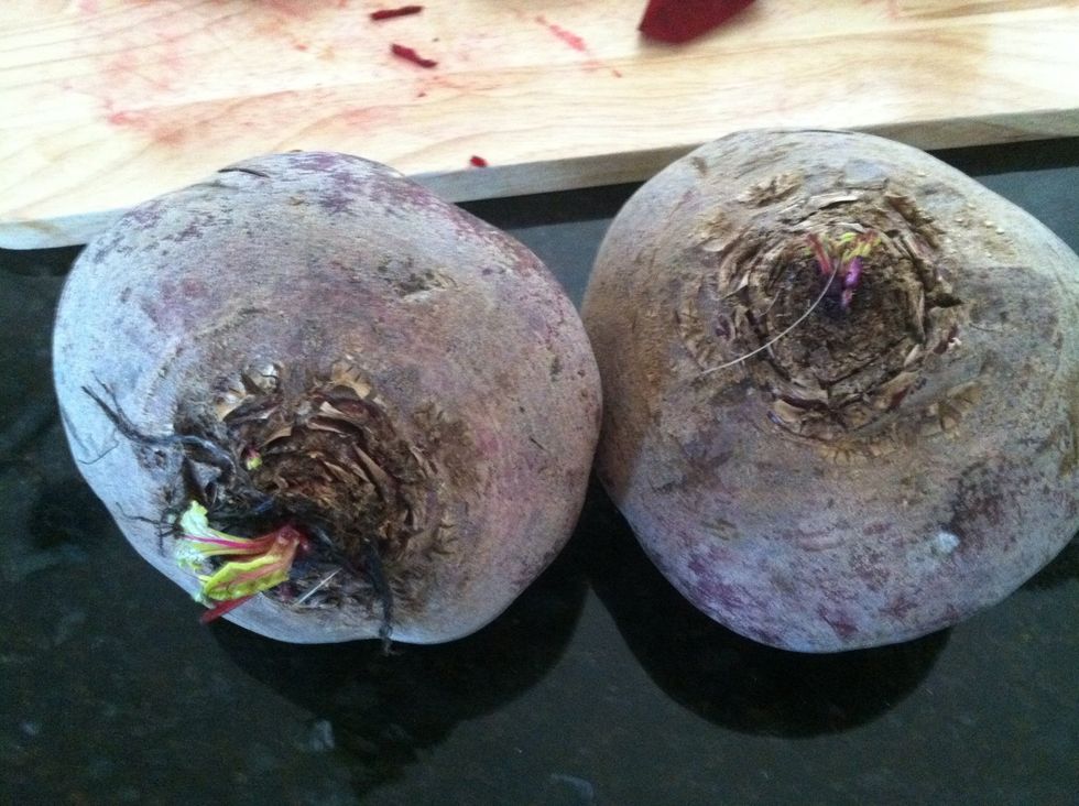 Fresh beets! Cut off ends and peel with a paring knife (carefully) or a vegetable peeler.