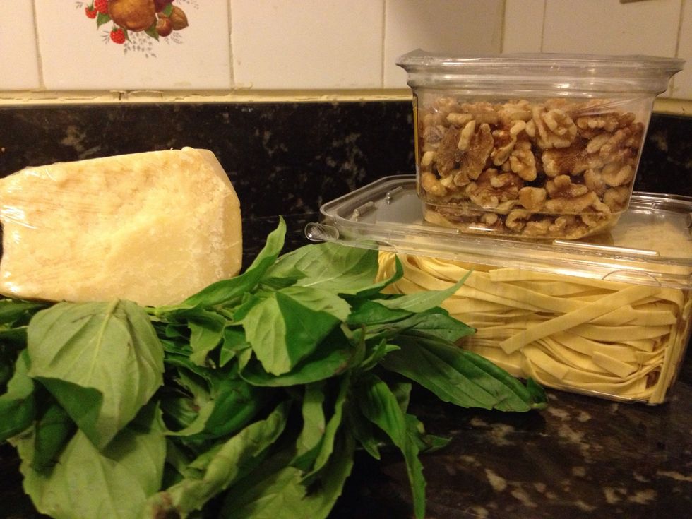 Fresh pesto is delicious! Basil leaves, Parmesan, pine nuts, olive oil, garlic and some salt and pepper. Walnuts is a great substitute for pine nuts if trying to save a few pennies.