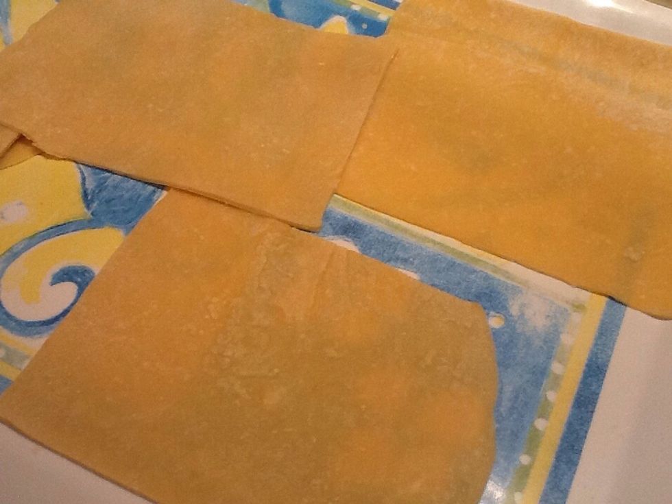 Freshly cut pasta squares. I used a knife to cut the squares. Boil for a few seconds before filling. Our first try. They were a bit thick, so more rolling next time