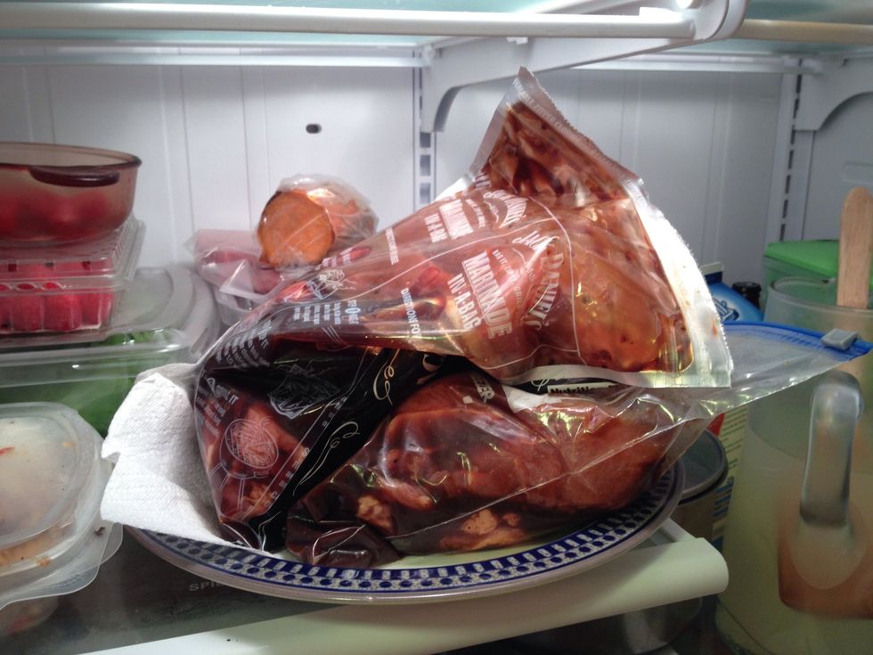 Fridge them. Whenever you walk by the fridge or get something out just rotate the bags to make sure all them get equal coating.  Place on a plate on off chance of a small leak... 1 to 4 days....
