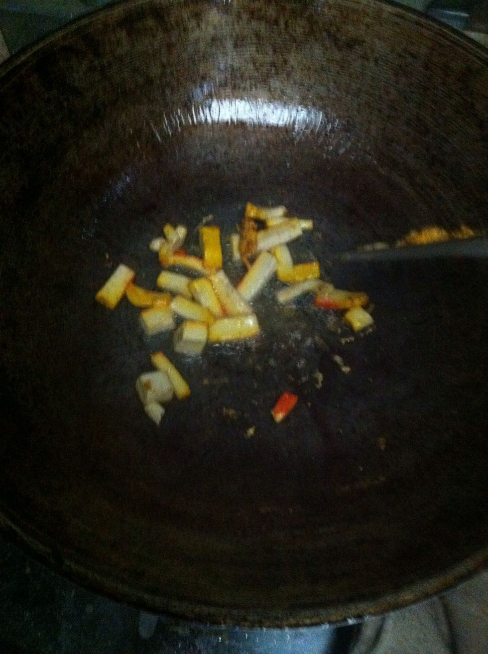Fried tofu until golden brown.