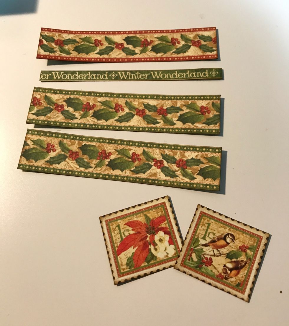 From borders paper, cut out holly borders, Winter Wonderland Border, 5 stamps, bird ticket & Season's Greetings word. Cut borders to 4 1/4". Ink edges of all pieces with Gathered Twigs Distress Ink.