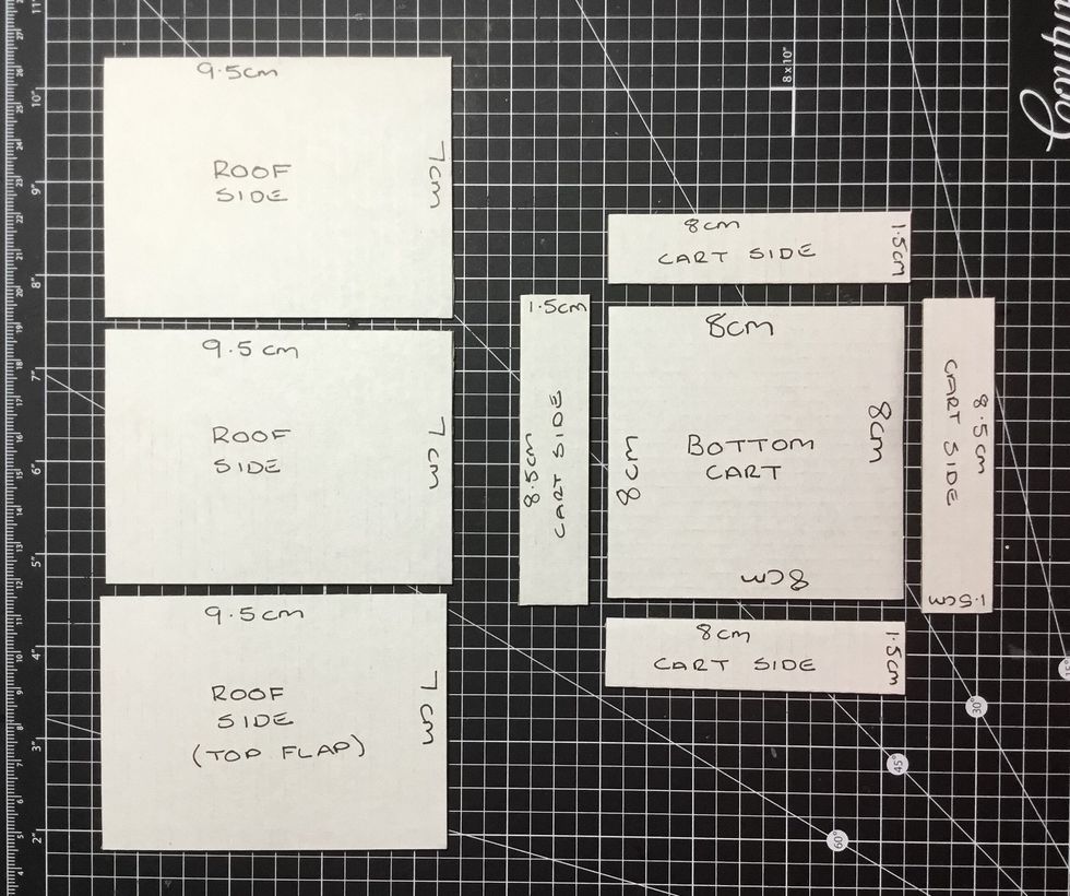 From Cardboard cut these pieces as shown. Cart Base - 1@8cmx8cm, 2@1.5cmx8cm, 2@1.5cmx8.5cm. Roof - 3@9.5cmx7cm.