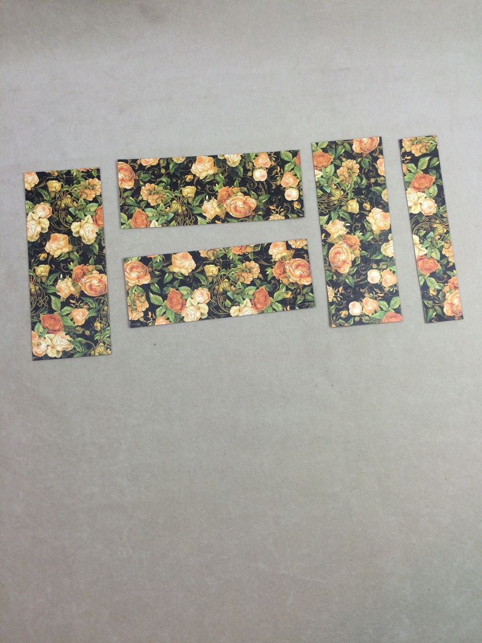 From Enchantment, cut four strips at 1 7/8" x 4 7/8", one at 2" x 5", and one at 1" x 5". (My photo doesn't show the 2" x 5" piece). Ink all edges.