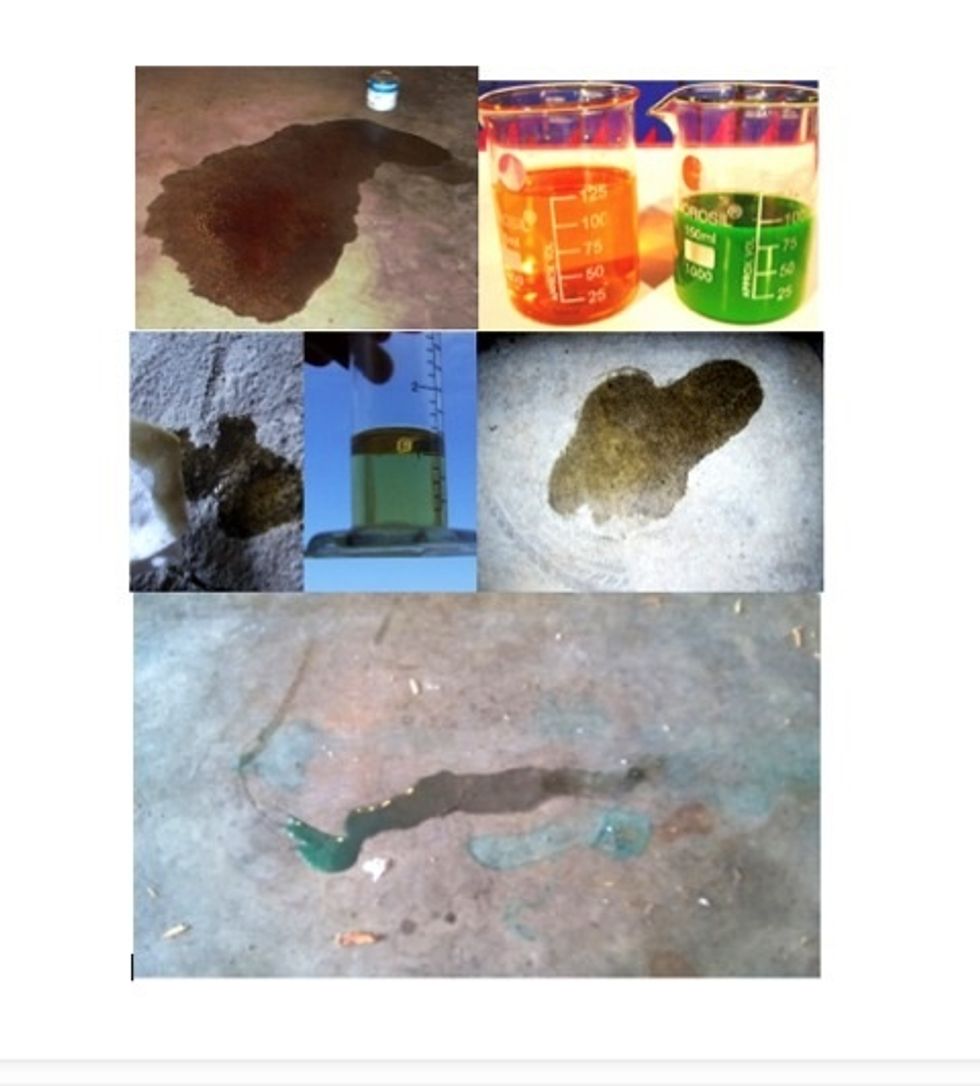 From left to right: Red - Transmission Fluid, Green/Pink - Coolant, Yellow - Power Steering Fluid, Brown - Gasoline , Blue - Windshield Wiper Fluid
