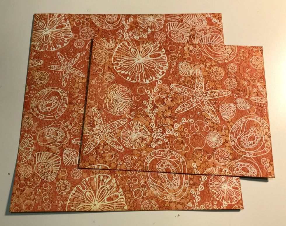 From shell paper, cut the following pieces, piece #1 - 6" x 6" & piece #2 - 5 1/4" x 4 1/2". Ink edges of patterned paper using Vintage Photo Distress Ink & a blending tool with foam.