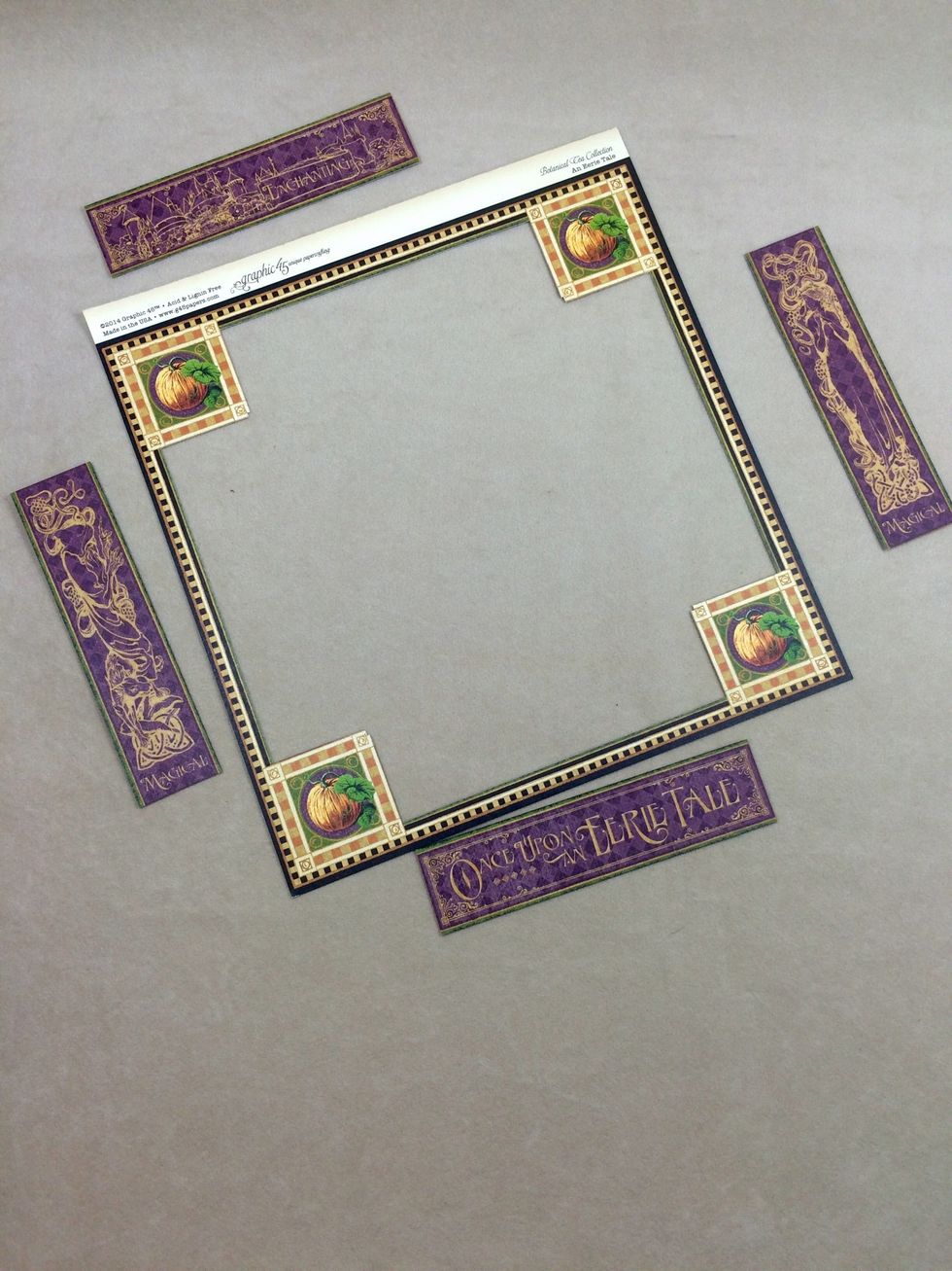 From the An Eerie Tale signature sheet, cut four strips from the purple area at 1 1/8" x 4 5/8". Ink edges.