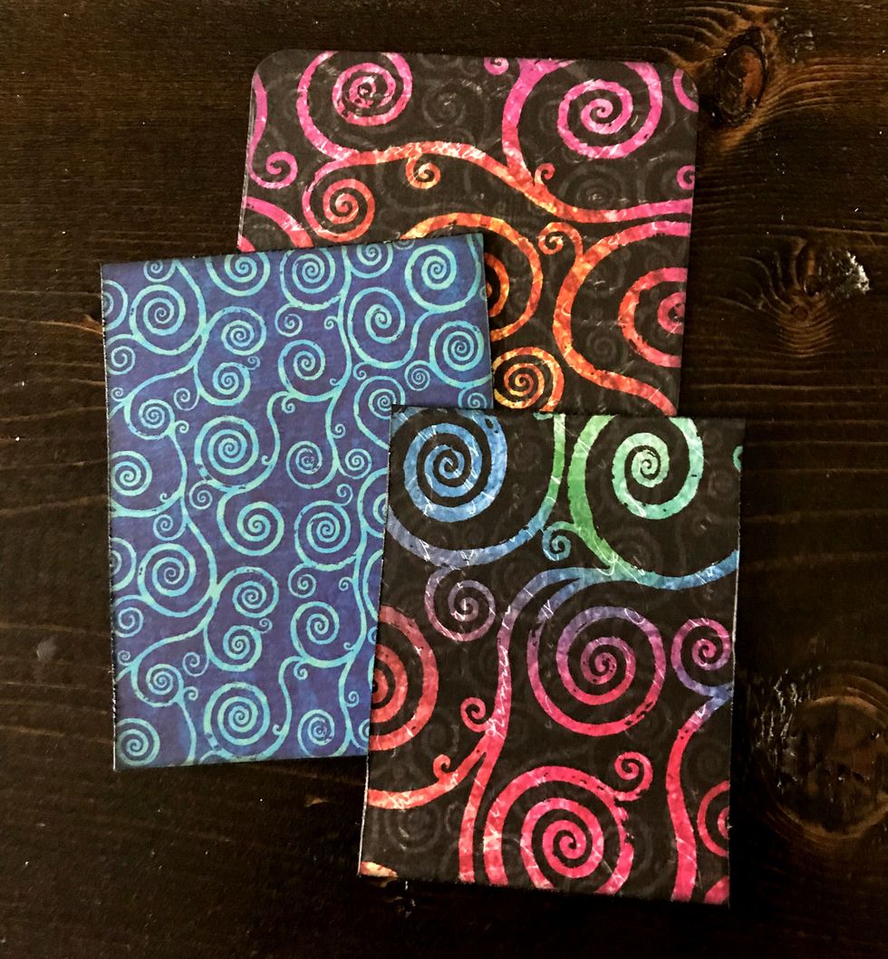 From the Boldly Brilliant paper, cut these pieces: 3 1/2" x 4 5/8", 3" x 4" & 2 5/8" x 3 1/2". Round corners on 3 1/2" piece. Distress edges of all papers. Ink edges of all papers with black ink.