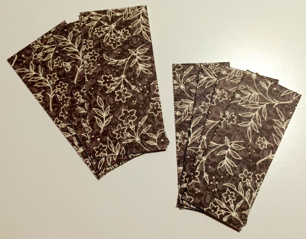 From the brown floral side of the November Montage paper, cut 4 pieces that measure 1 1/4" x 2 3/4", set aside. From the same side of paper, cut 4 pieces that measure 7/8" x 2 1/2", set aside.